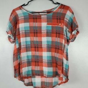 Raindrops by Papillon Women’s Plaid Pocket Scoop Neck  Short Sleeve Blouse Top